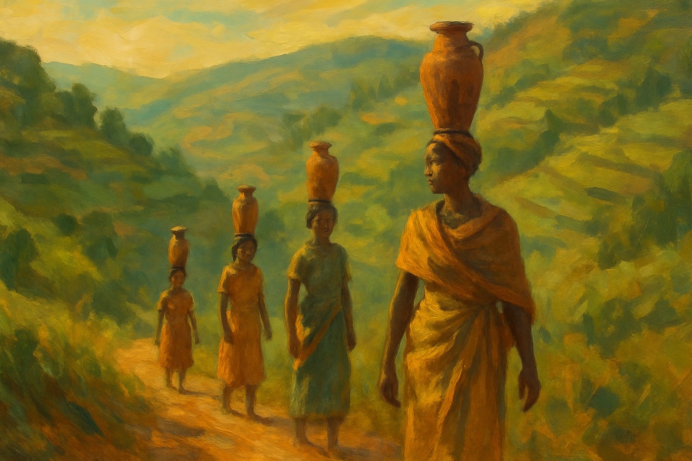 Women and girls walking a hillside path carrying tall clay water pots on their heads.
